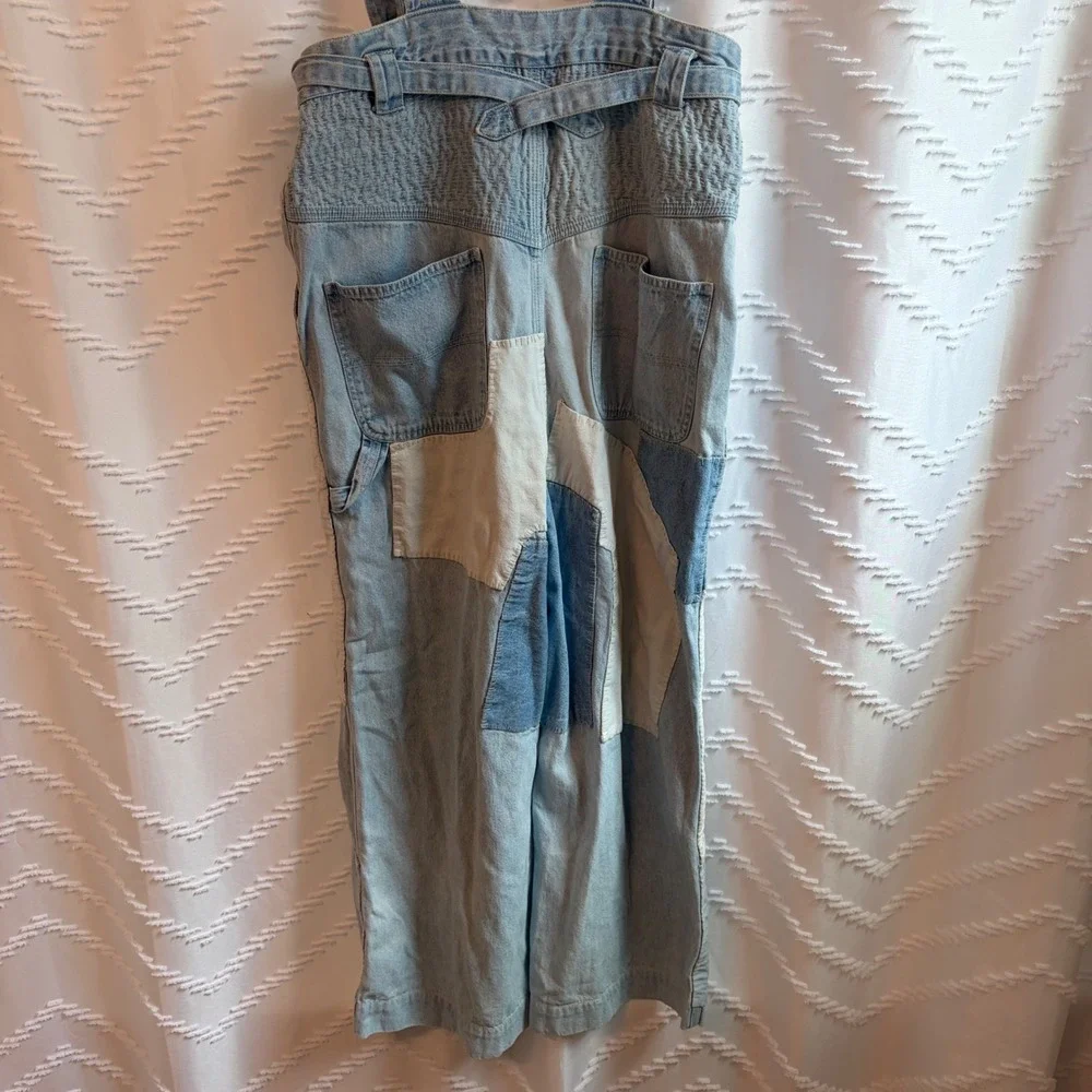 Ulla Johnson Patchwork Denim Wide Leg Overalls Blue Cotton Size 4 - Picture 4 of 9